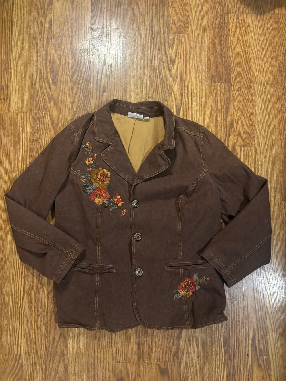Vintage Brown Denim Embroidered Boho Indie Floral Blazer/ Jacket